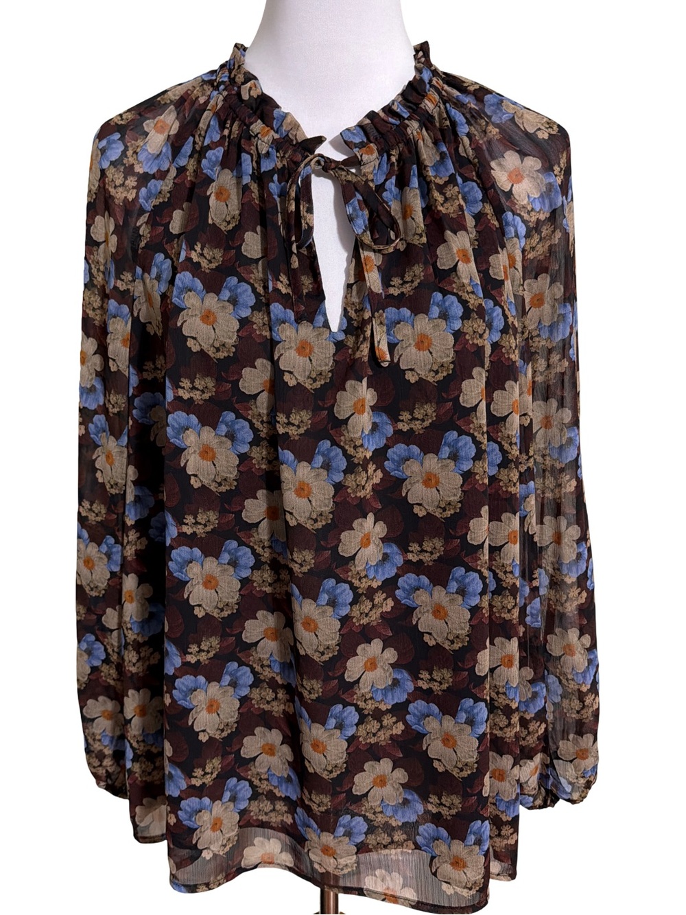 Tahari Brown Floral Tie Neck Blouse Large